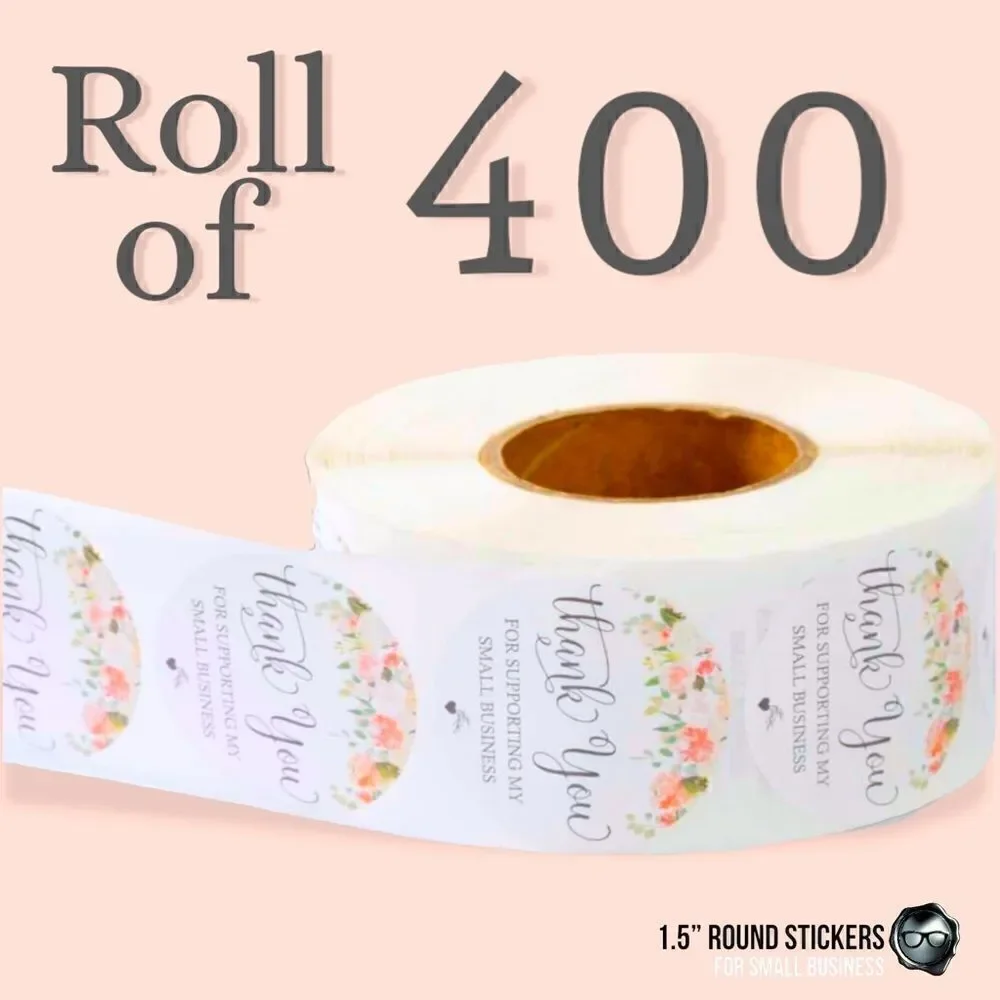 BULK ROLL PASTEL FLORAL STICKERS THANK YOU FOR SUPPORTING MY SMALL BUSINESS 1.5”